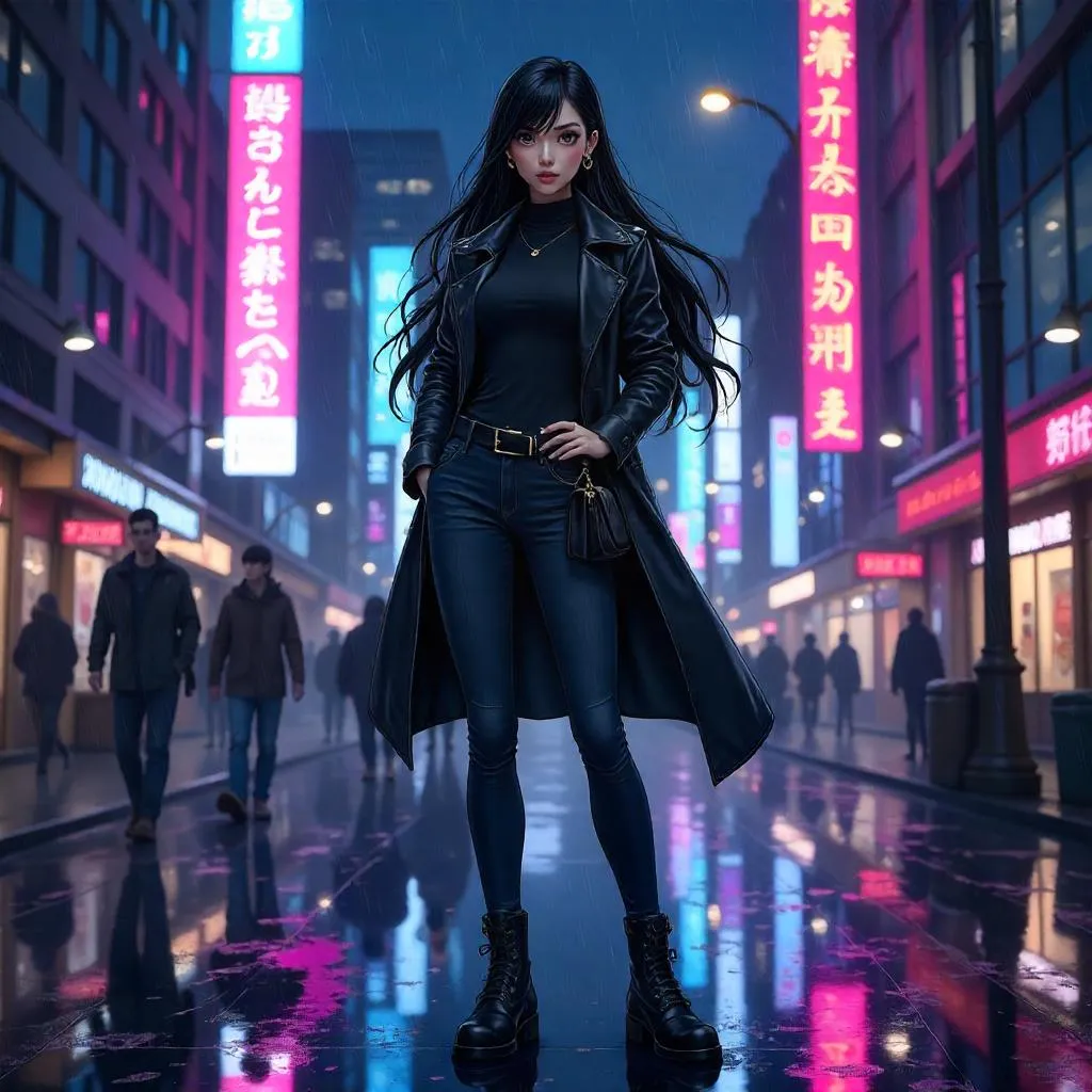 Confident Asian Woman in Neon Anime City Street
