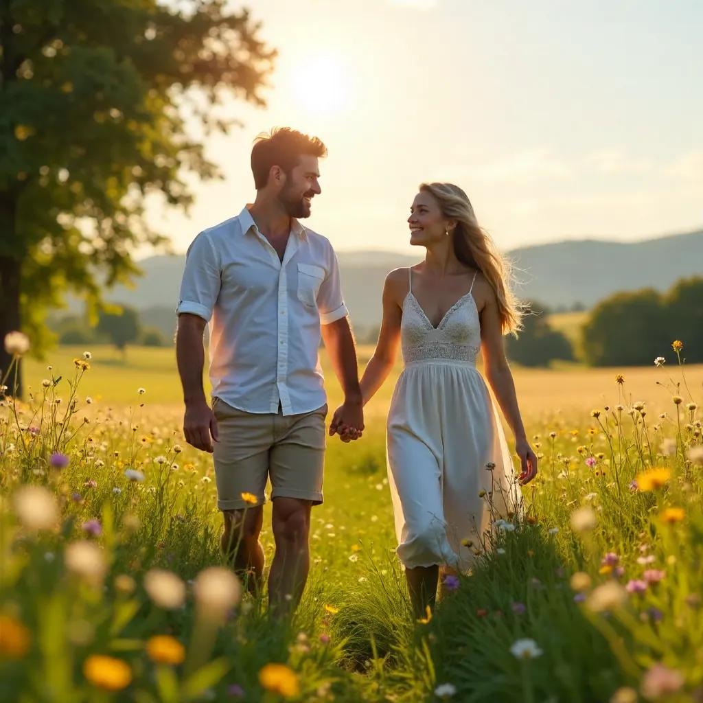Sunlit Meadow Lovers Hand in Hand