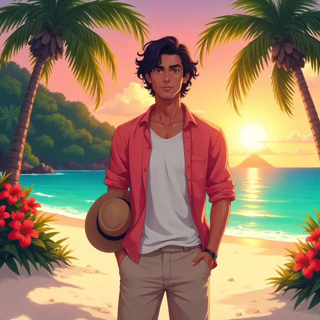 Sunset Anime Portrait: Young Indian Man in Paradise