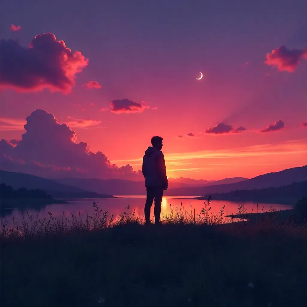 Silhouette at Dusk Under a Crescent Moon