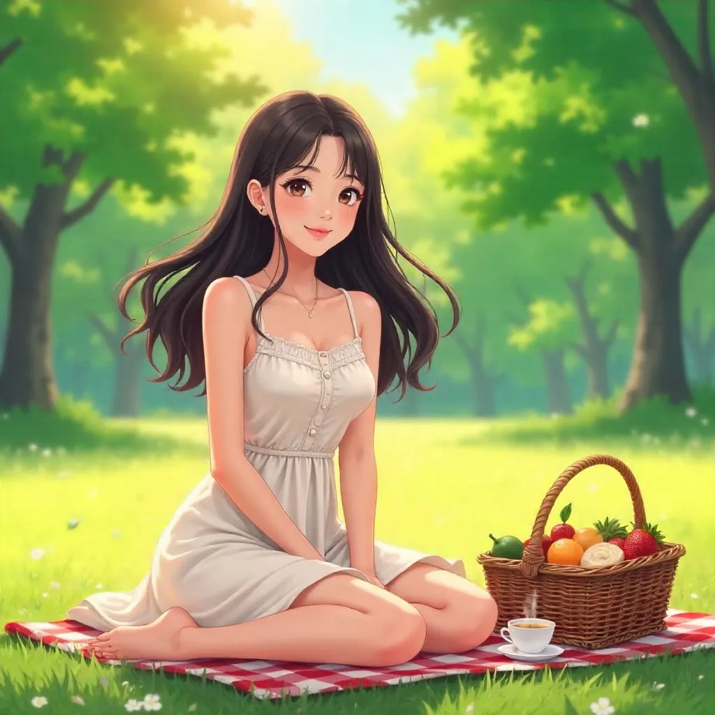 Anime Style Picnic: Beautiful Asian Woman Outdoors