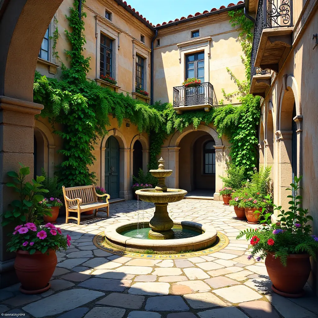 Historic Courtyard: Greenery, Flowers, Blue Sky