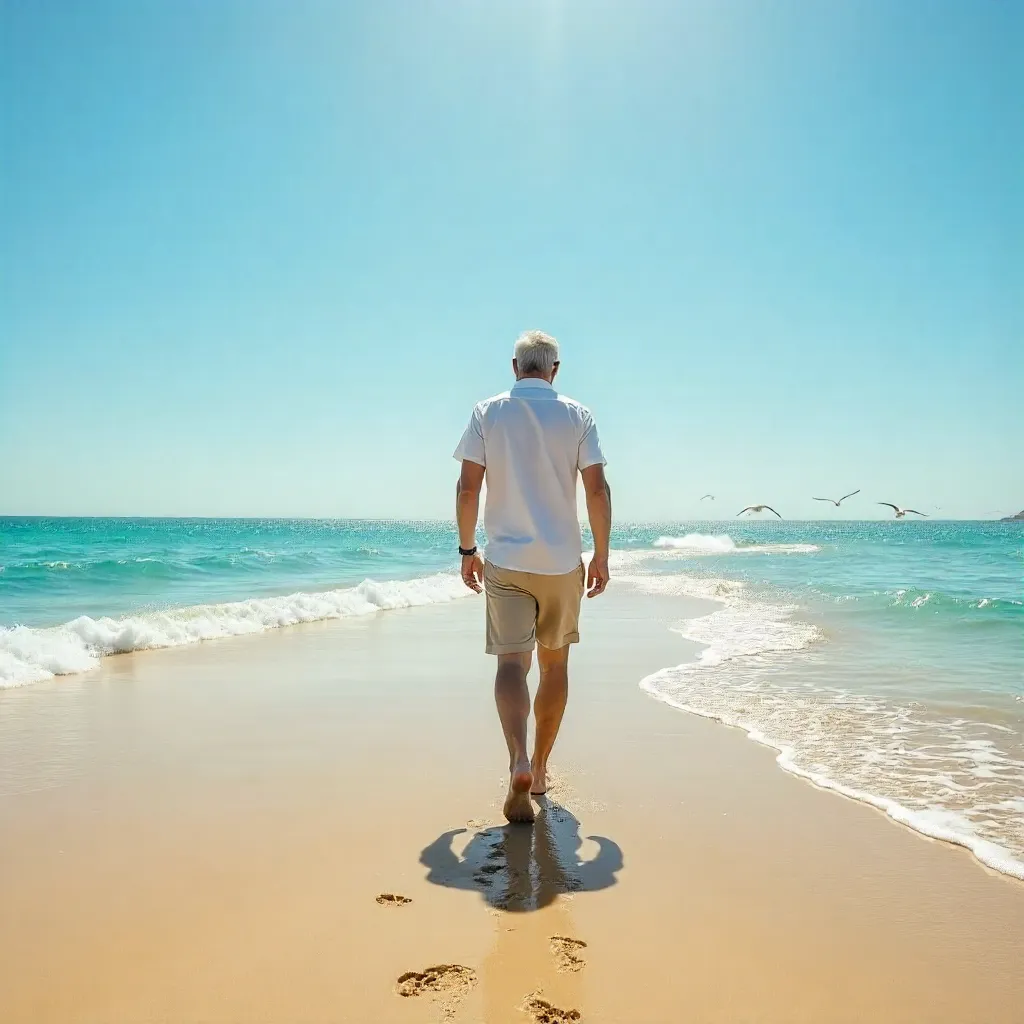 Man on a Sunlit Beach: Serene Ocean View