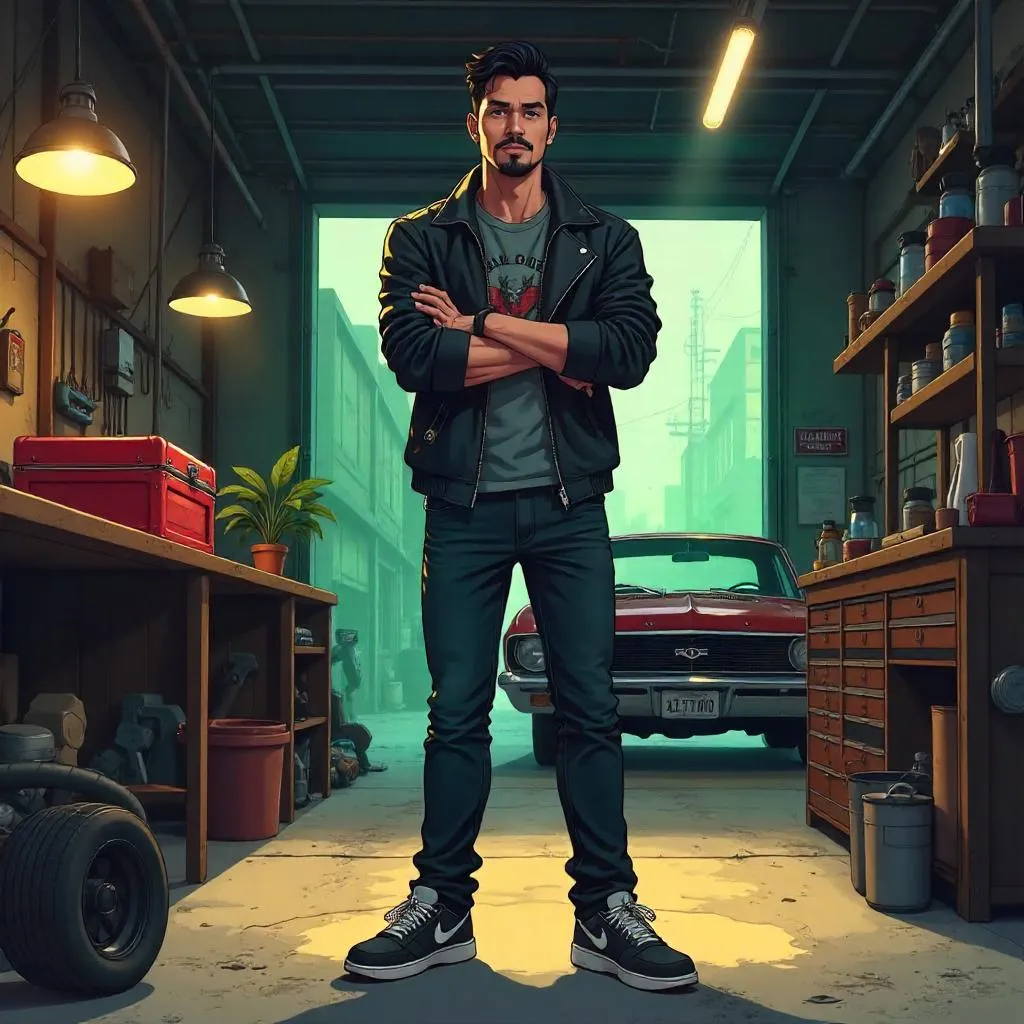 Confident Latino Man in an Anime-Style Garage