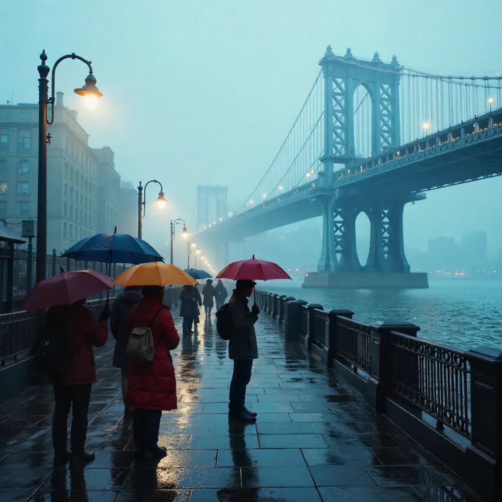 Umbrellas in the Fog: View of Brooklyn Bridge