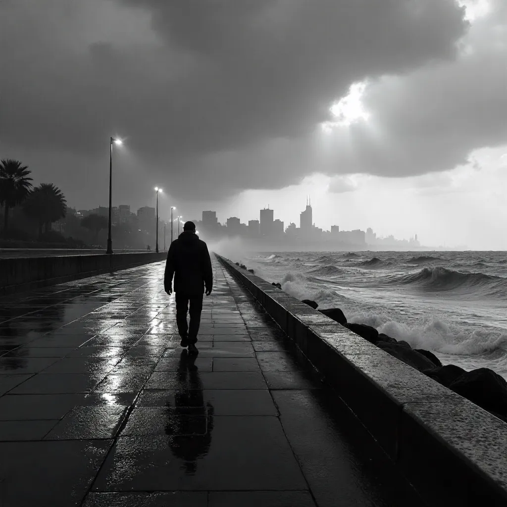 Solitary Noir Walk Along the Seaside Promenade