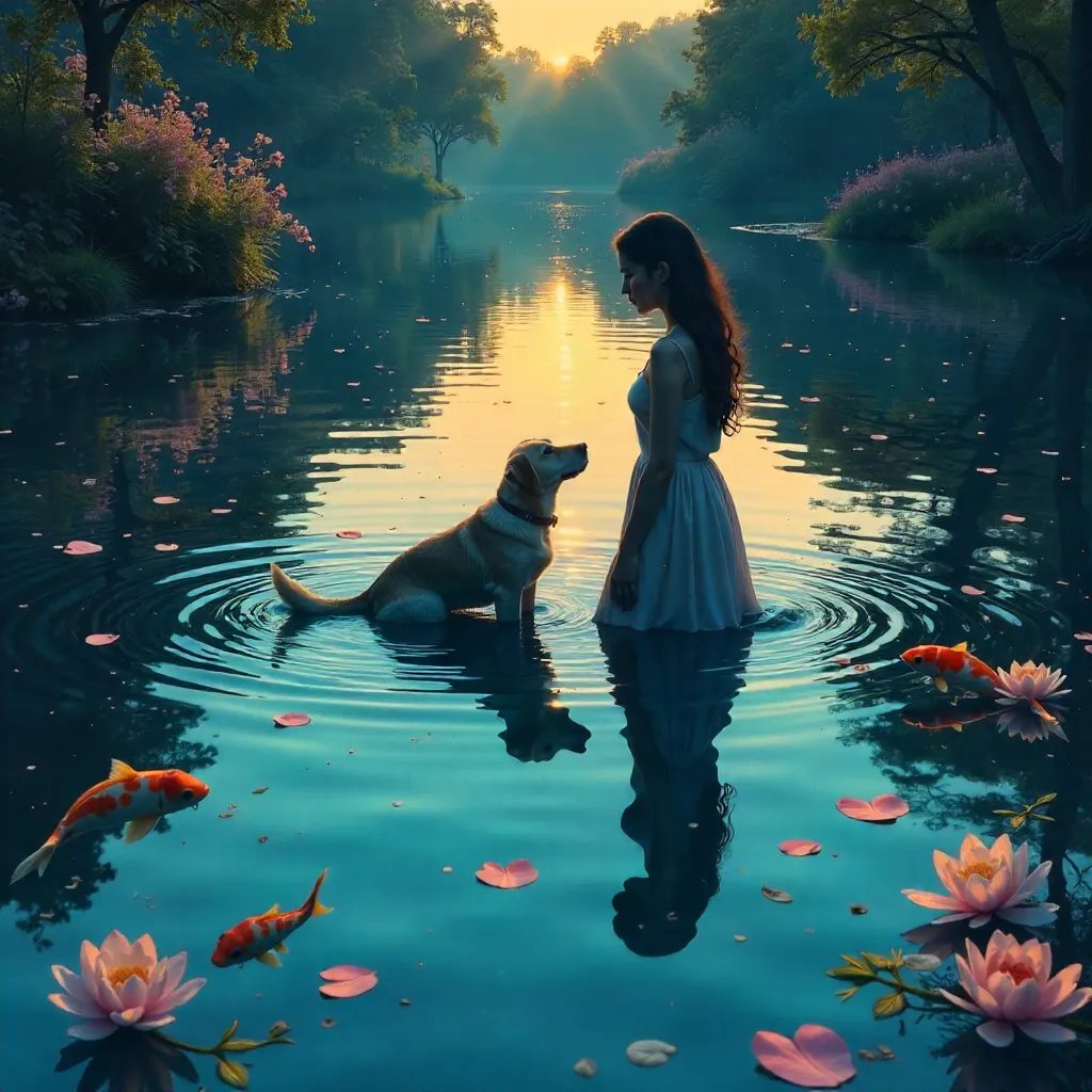 Surreal Waters: Woman and Dog Reflections