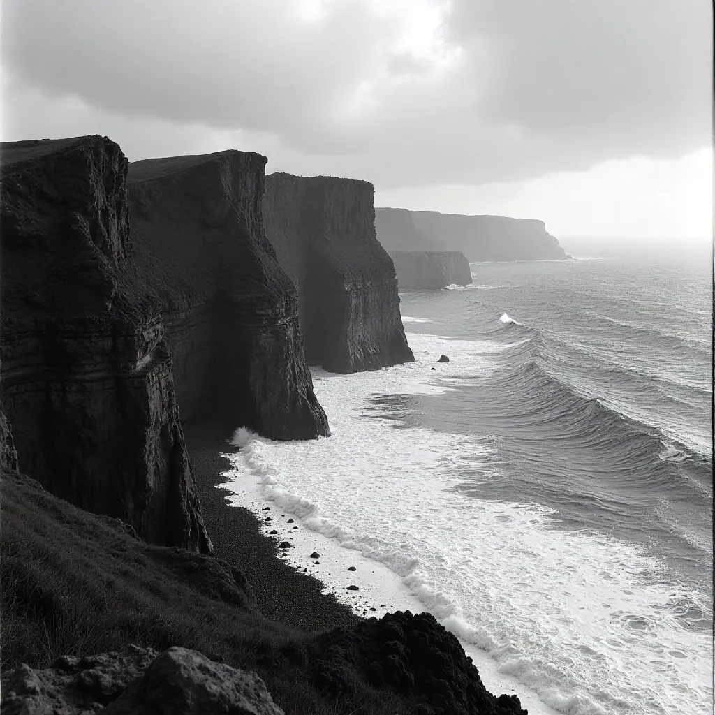 Monochrome Cliffs: Rugged Coast Under Grey Skies
