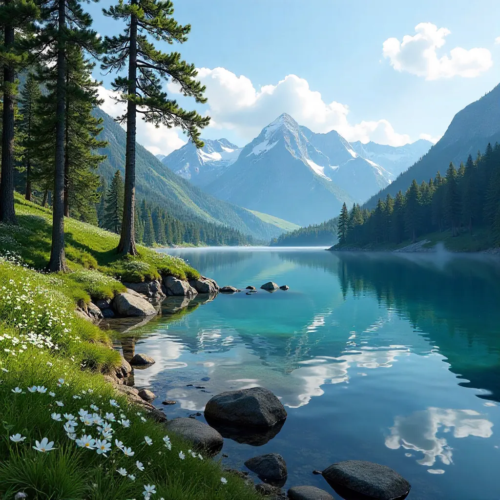 Serene Mountain Lake Among Lush Forests