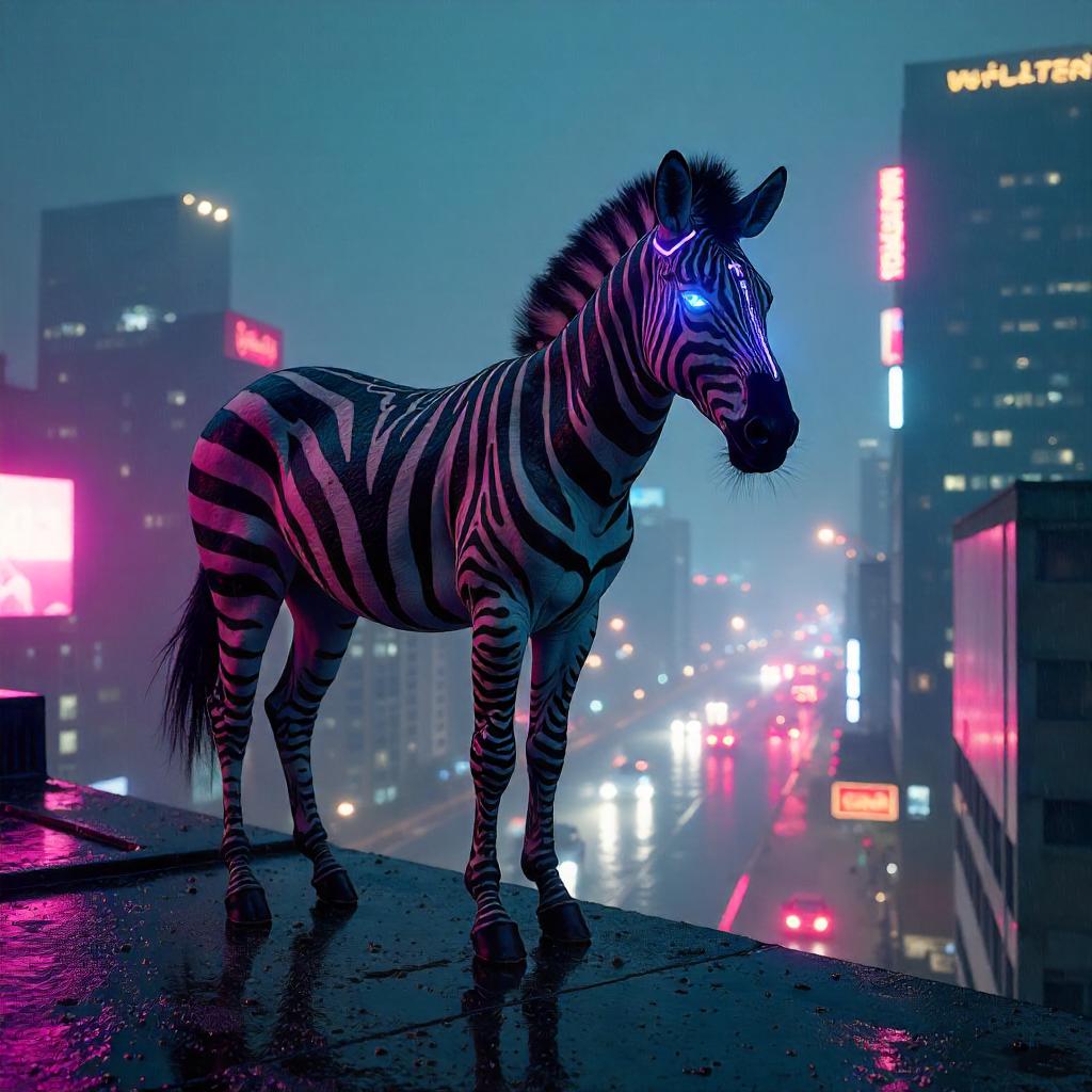 Neon Zebra on a Rainy Cyberpunk Rooftop