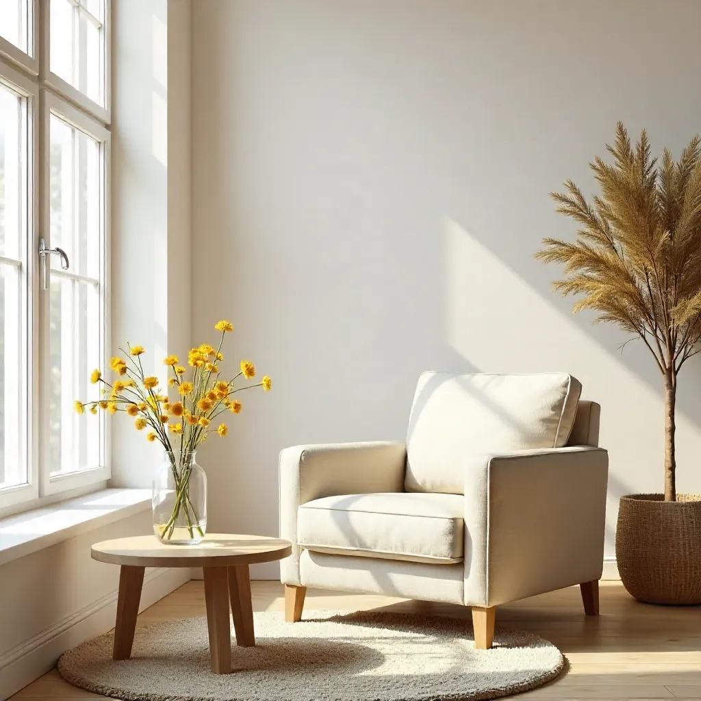 Serene Minimalist Living Room with Beige Armchair and Yellow Flowers