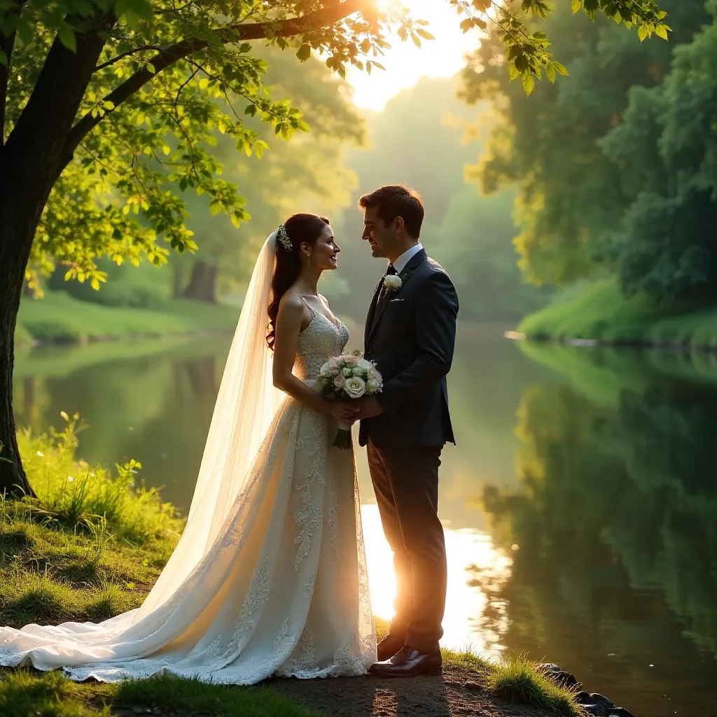 Serene riverside wedding under emerald trees