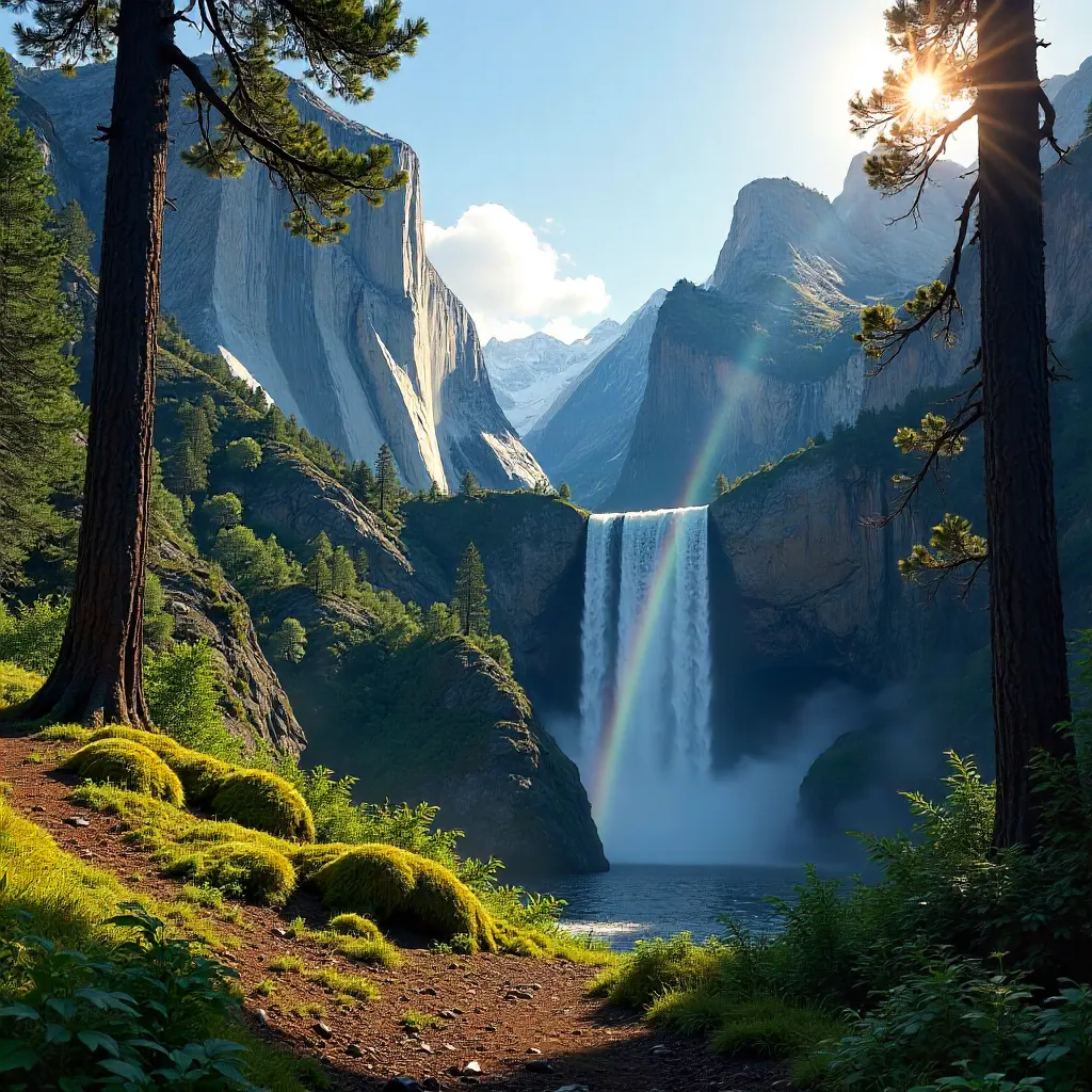 Vernal Fall View Framed by Lush Trees and Cliffs