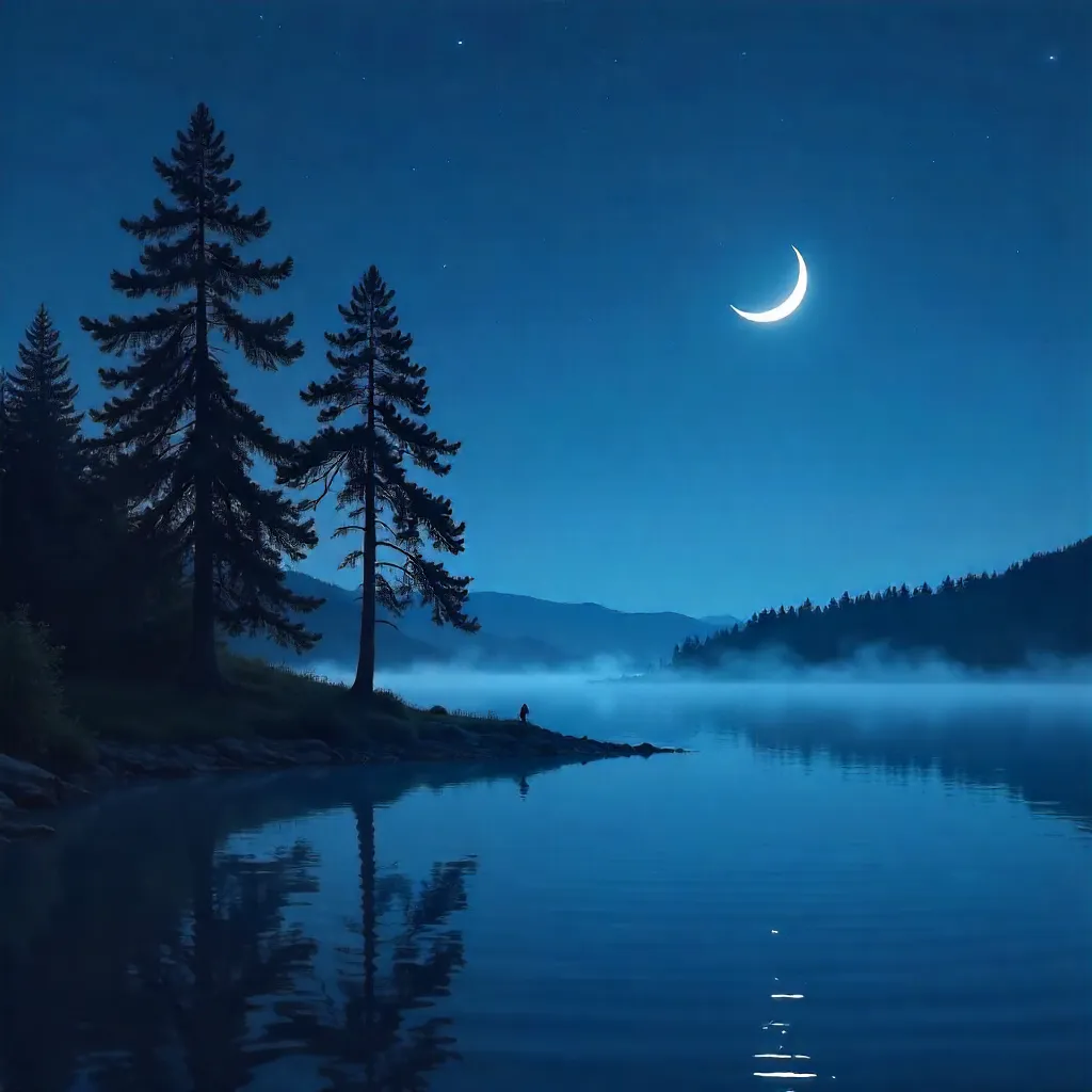 Crescent Moon Over Deep Blue Night Forest