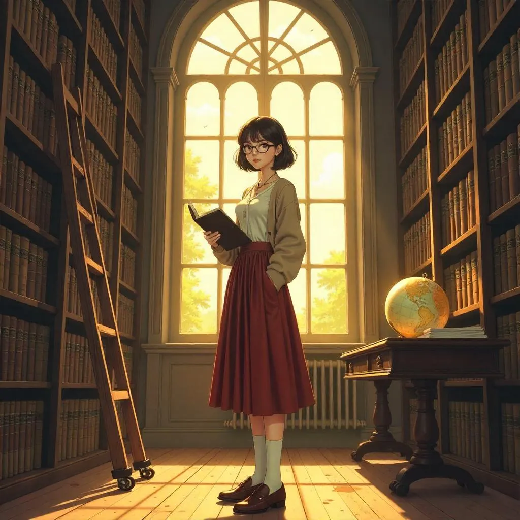Stylish White Woman in an Anime Library