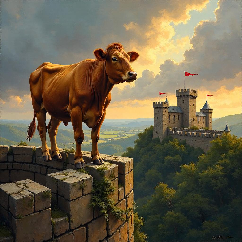 Cow on Castle Battlements in Oil Painting