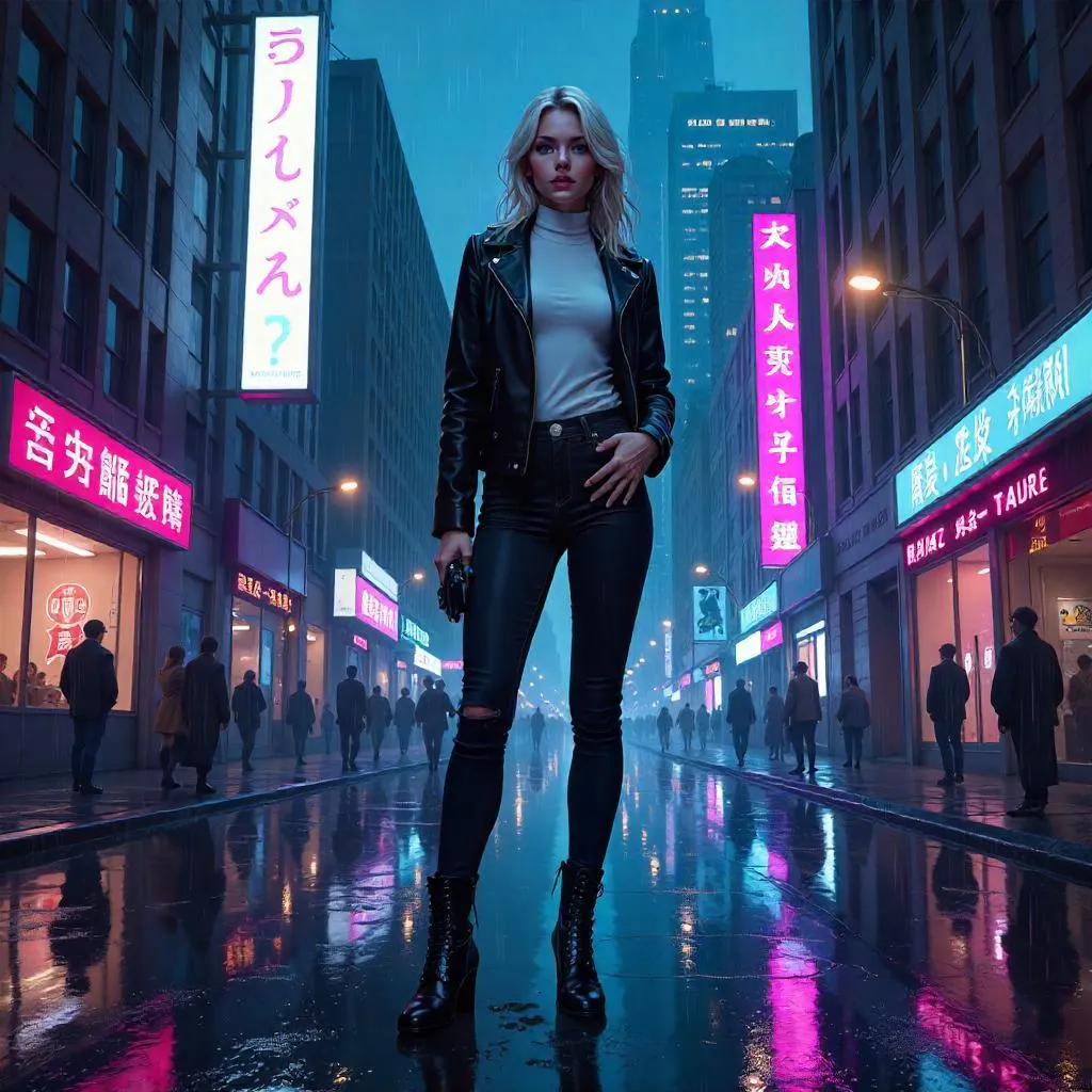 Confident White Woman in Neon City Concept Art