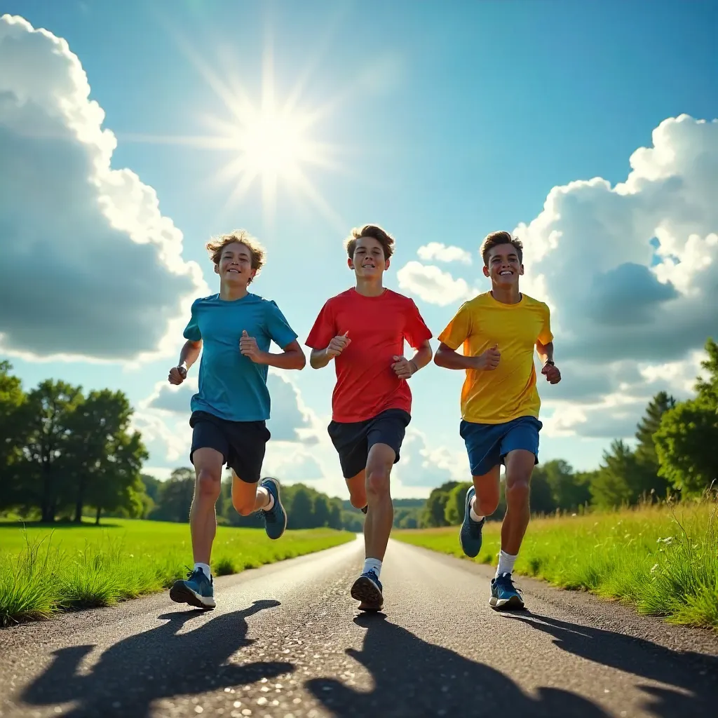 Sunny Day Run: Three Teens Jogging Under Dramatic Clouds