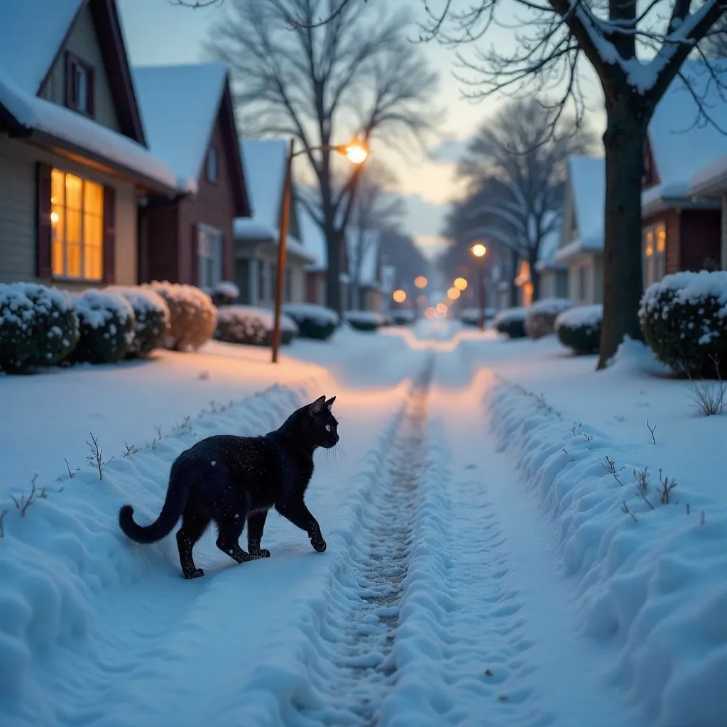 Serene Winter Stroll: Black Cat in Snowy Suburban Street