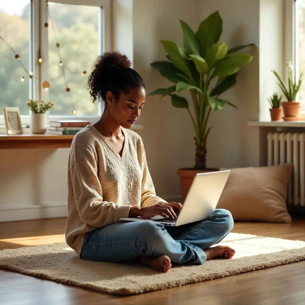 Cozy Floor-Work: African American Woman at Laptop