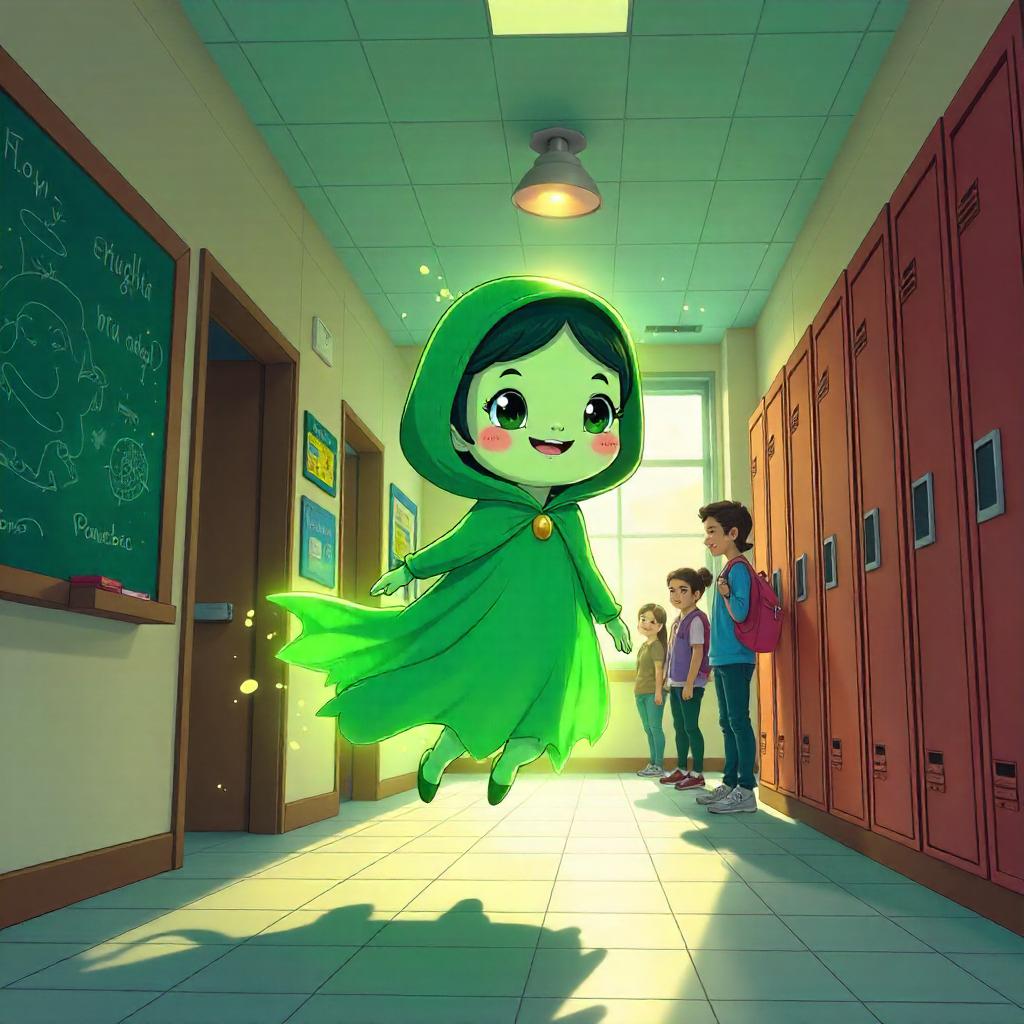 Playful Cartoon Banshee in a School Hallway