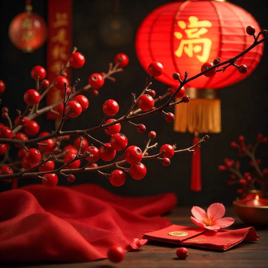 Glowing Red Berries Amid Chinese New Year Decorations