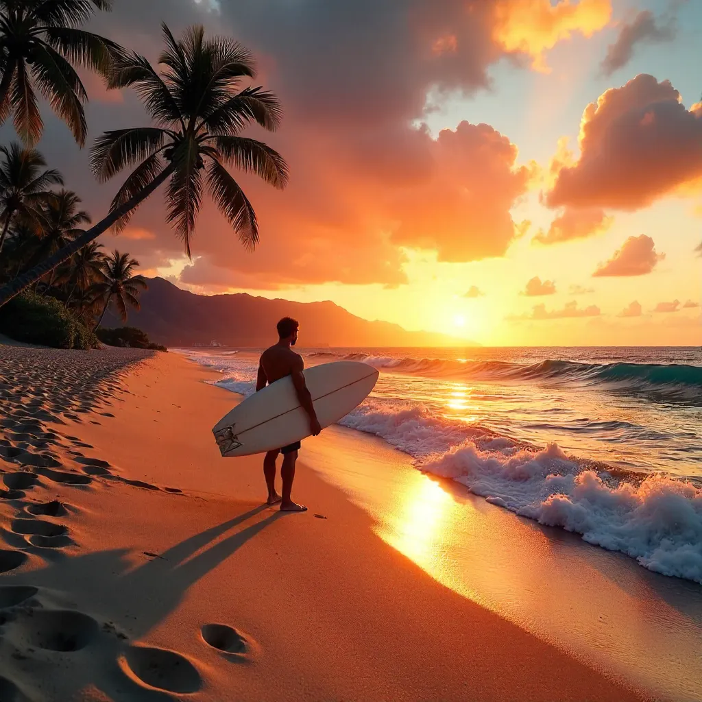 Solitary Surfer at Sunset on Hawaiian Beach