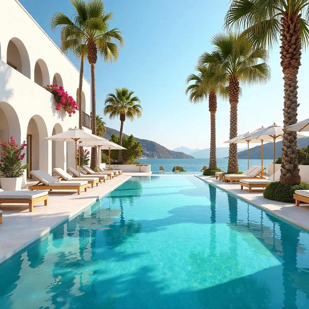 Sunny Marmaris Poolside with Palm Trees and White Architecture