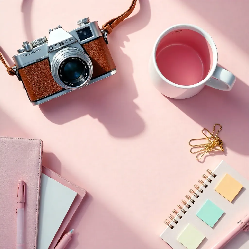 Pink Desk Flat Lay with Vintage Camera and Mug