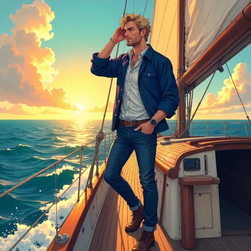 Anime Handsome White Man on a Boat at Sunset
