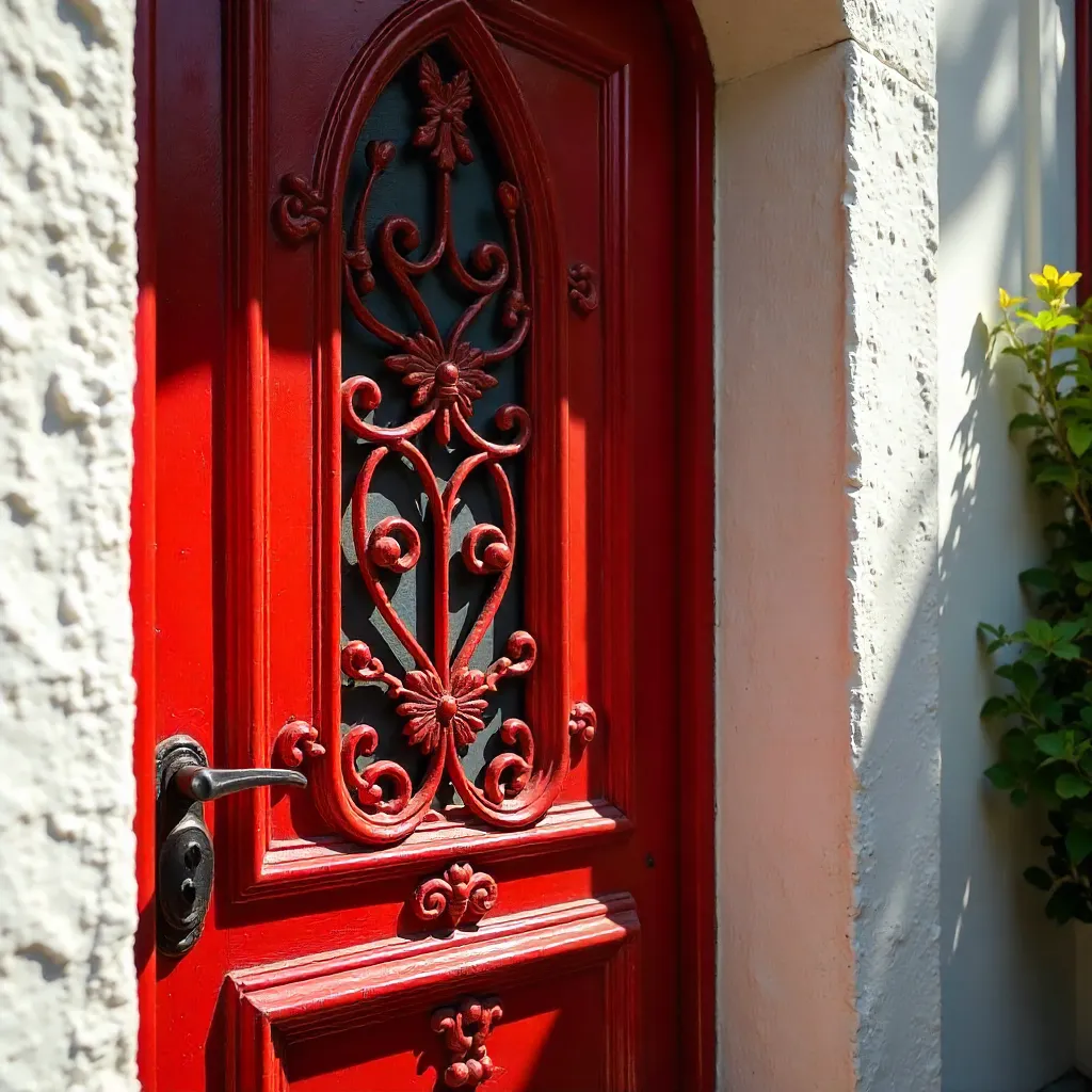 Intricate Red Wrought-Iron Door on White Wall