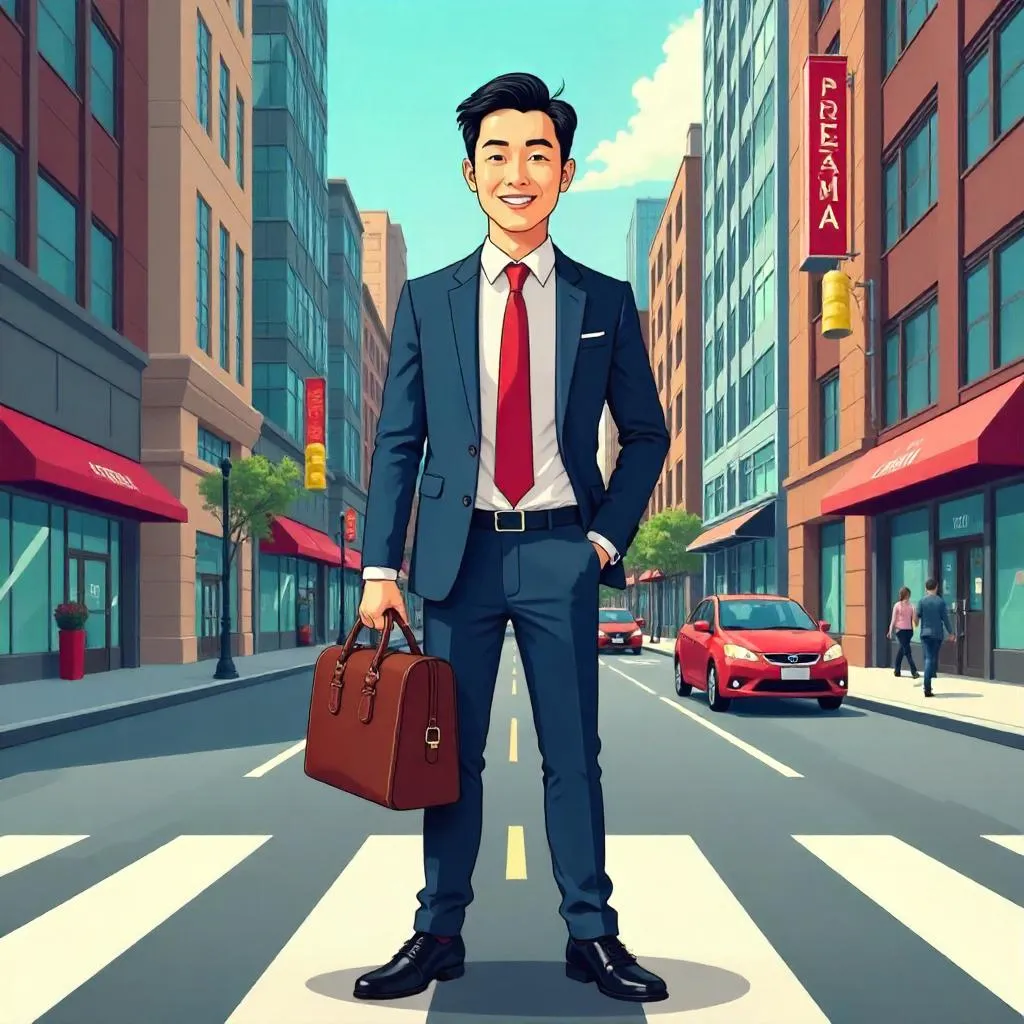 Cartoon Portrait: Professional Asian Man in Downtown