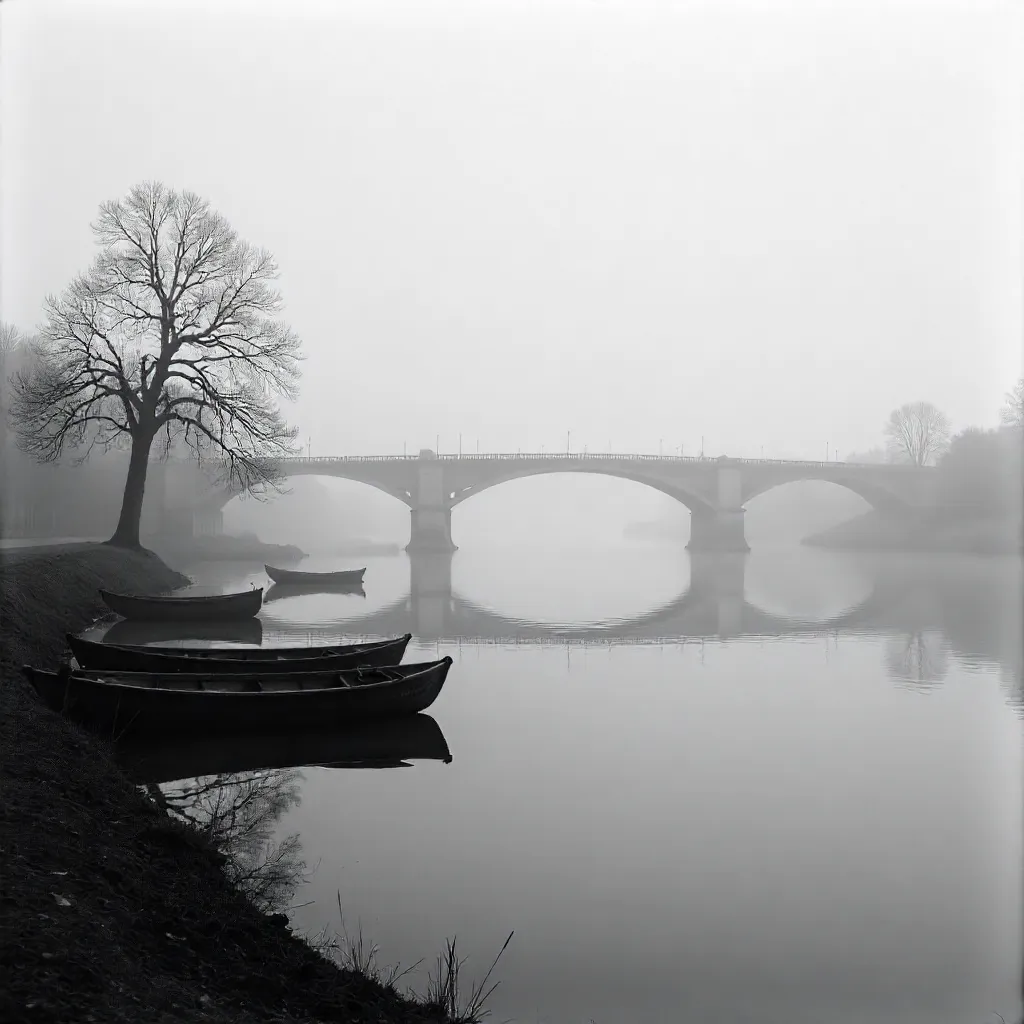 Fogbound Riverside Boats Under a Distant Bridge