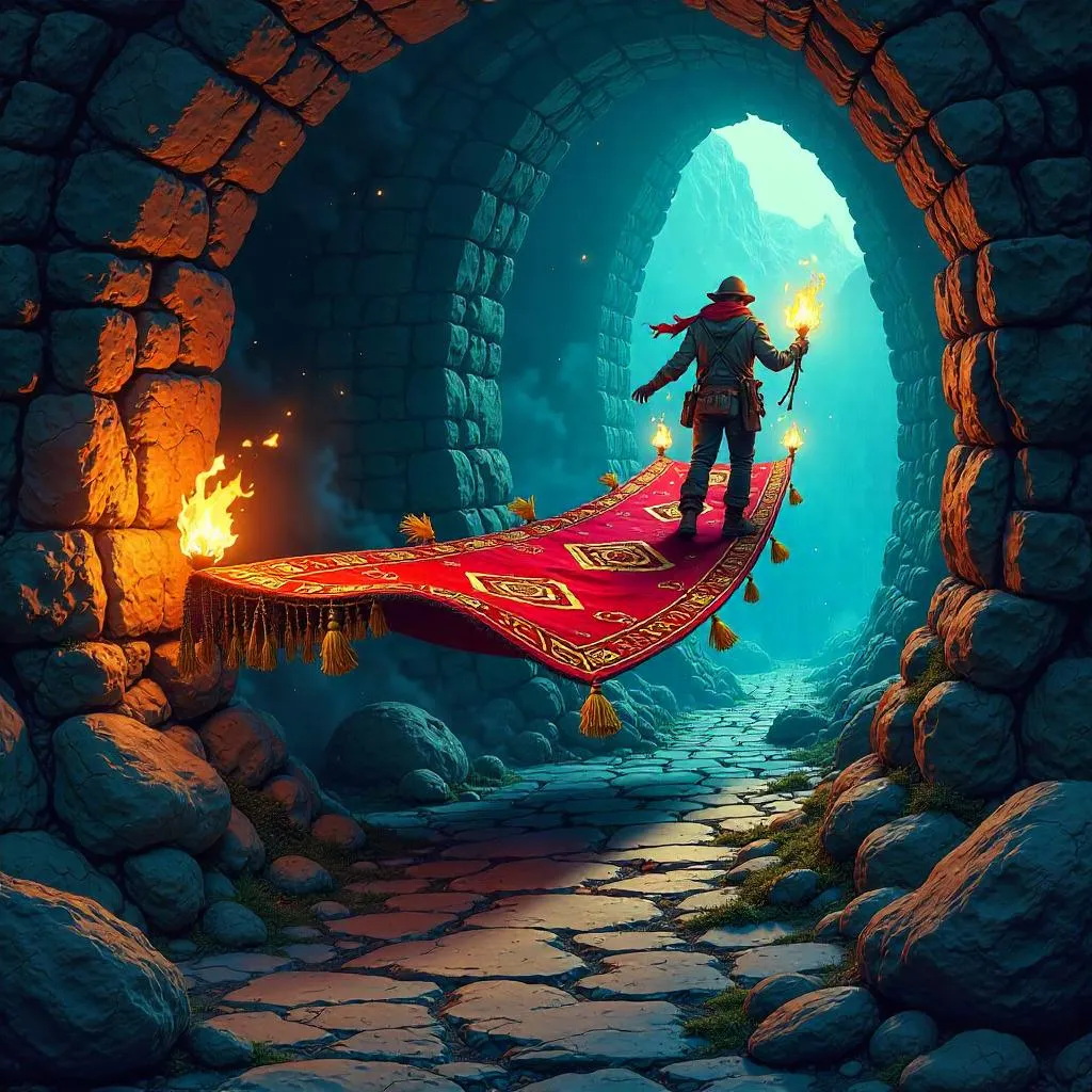 Daring Magic Carpet in a Dungeon – Comic Style