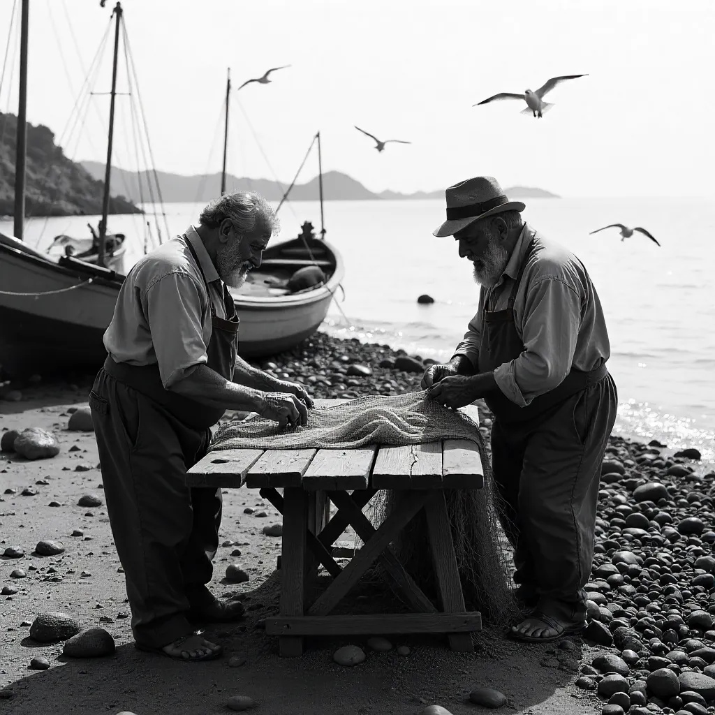Two Fishermen with Nets by the Sea (Black and White)