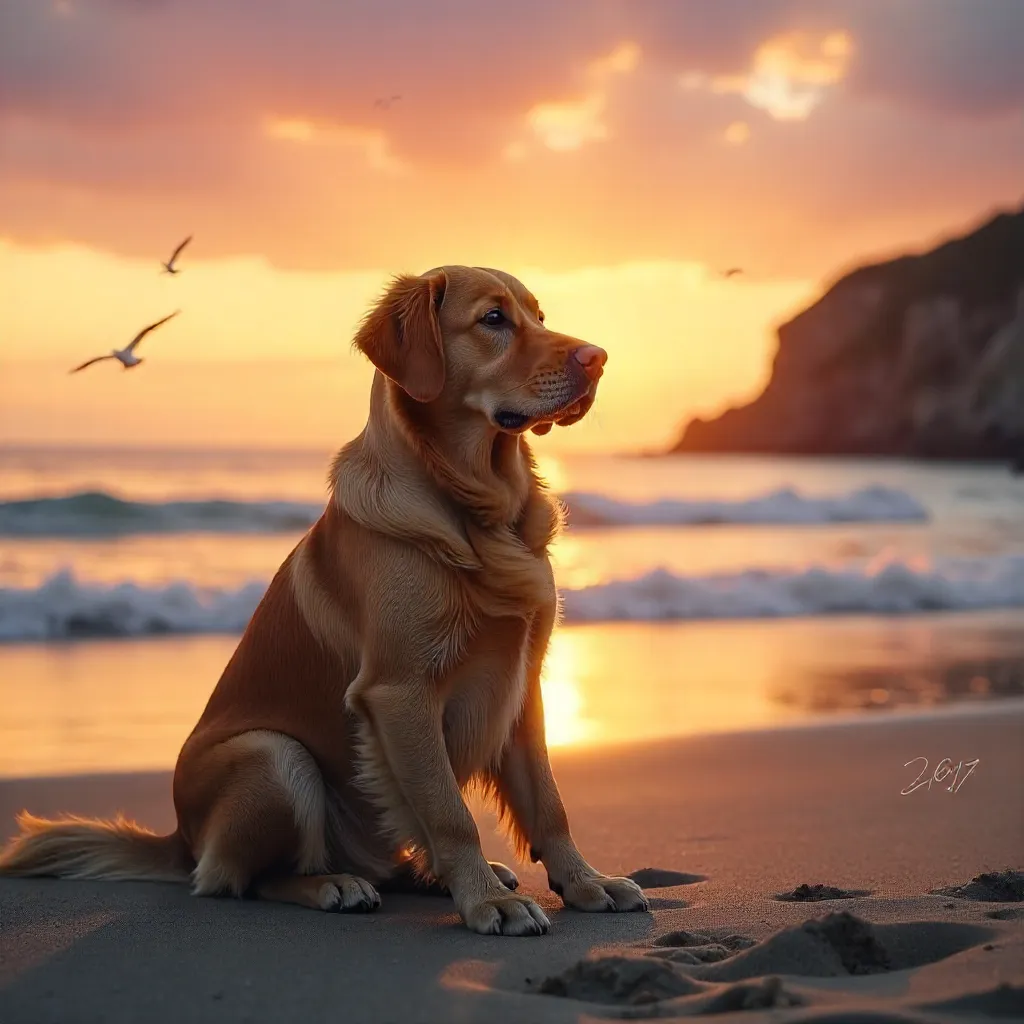 Golden Retriever at Sunset: Calm by the Sea
