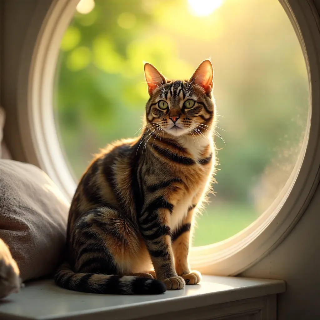 Sunlit Tabby on Circular Window Ledge