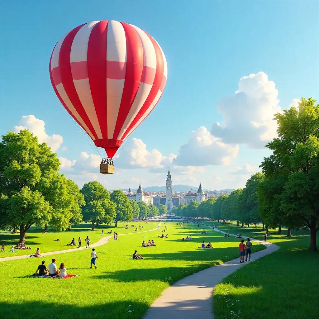 Red and White Hot Air Balloon Over a Lush Park