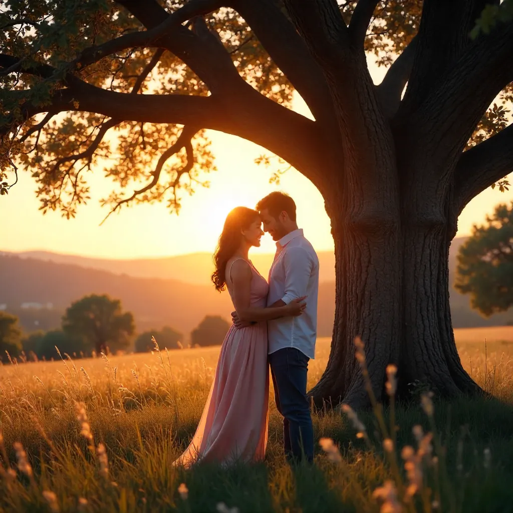 Romantic Sunset Embrace Under the Ancient Oak