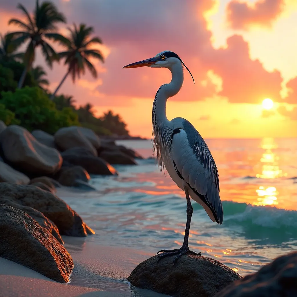 Heron at Sunset on Quintana Roo Rocky Shore