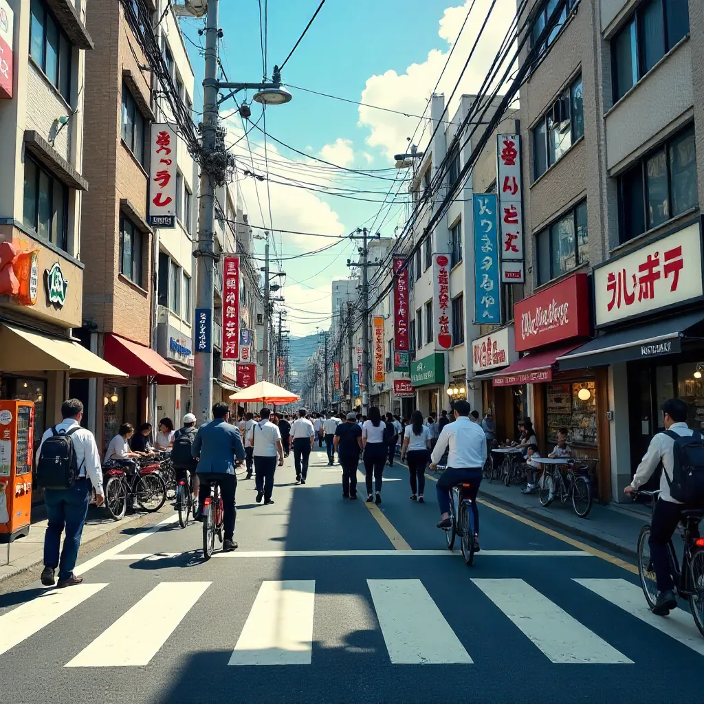Tokyo Street Life: Pedestrians and Bicycles on a Sunny Day