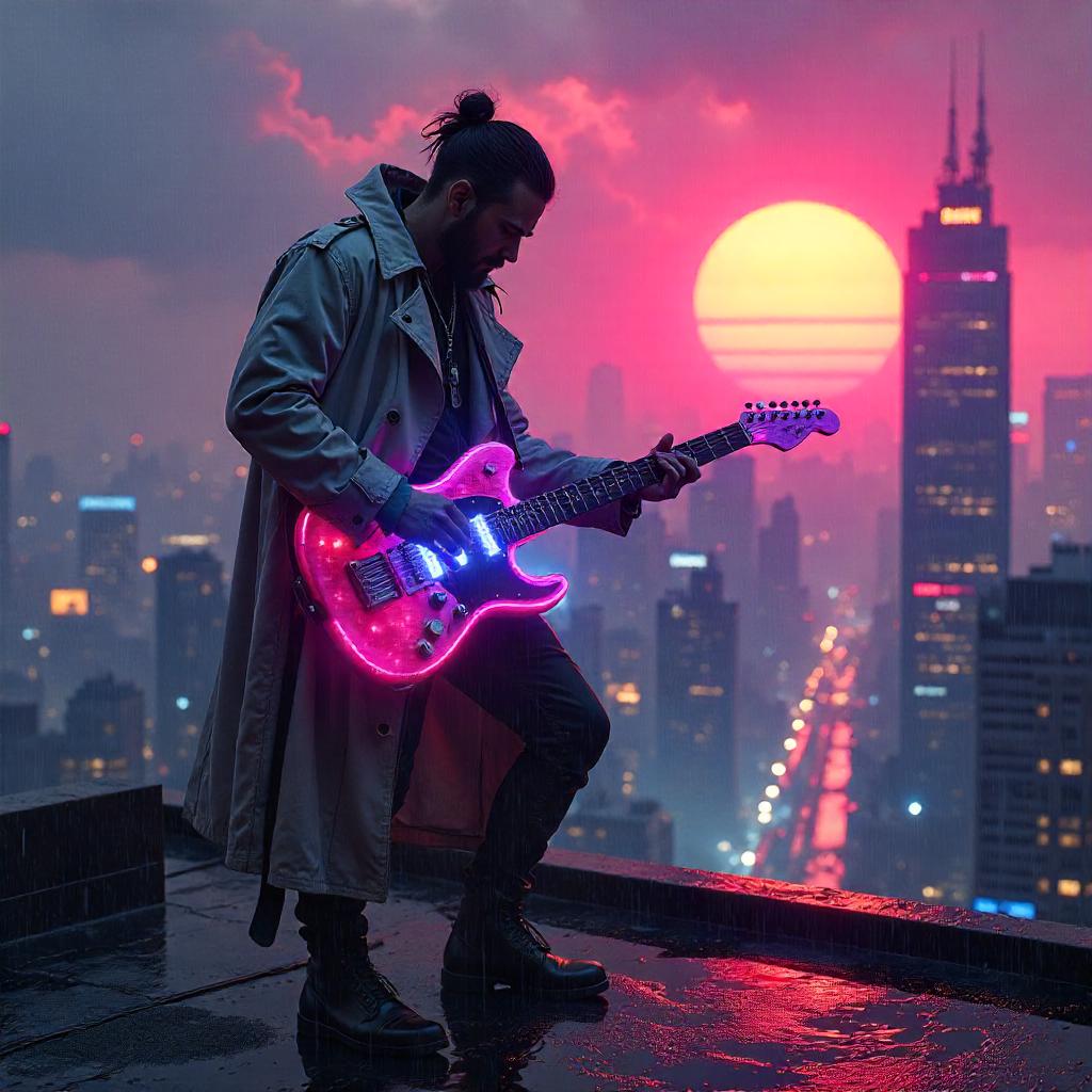 Sunrise Neon Strings on a Cyberpunk Rooftop