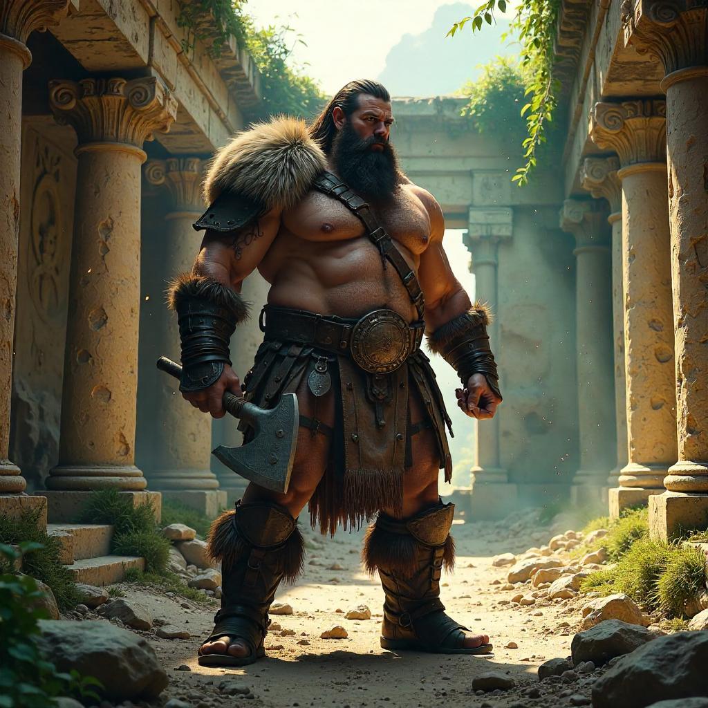 Barbarian Warrior in Photorealistic Temple Ruins
