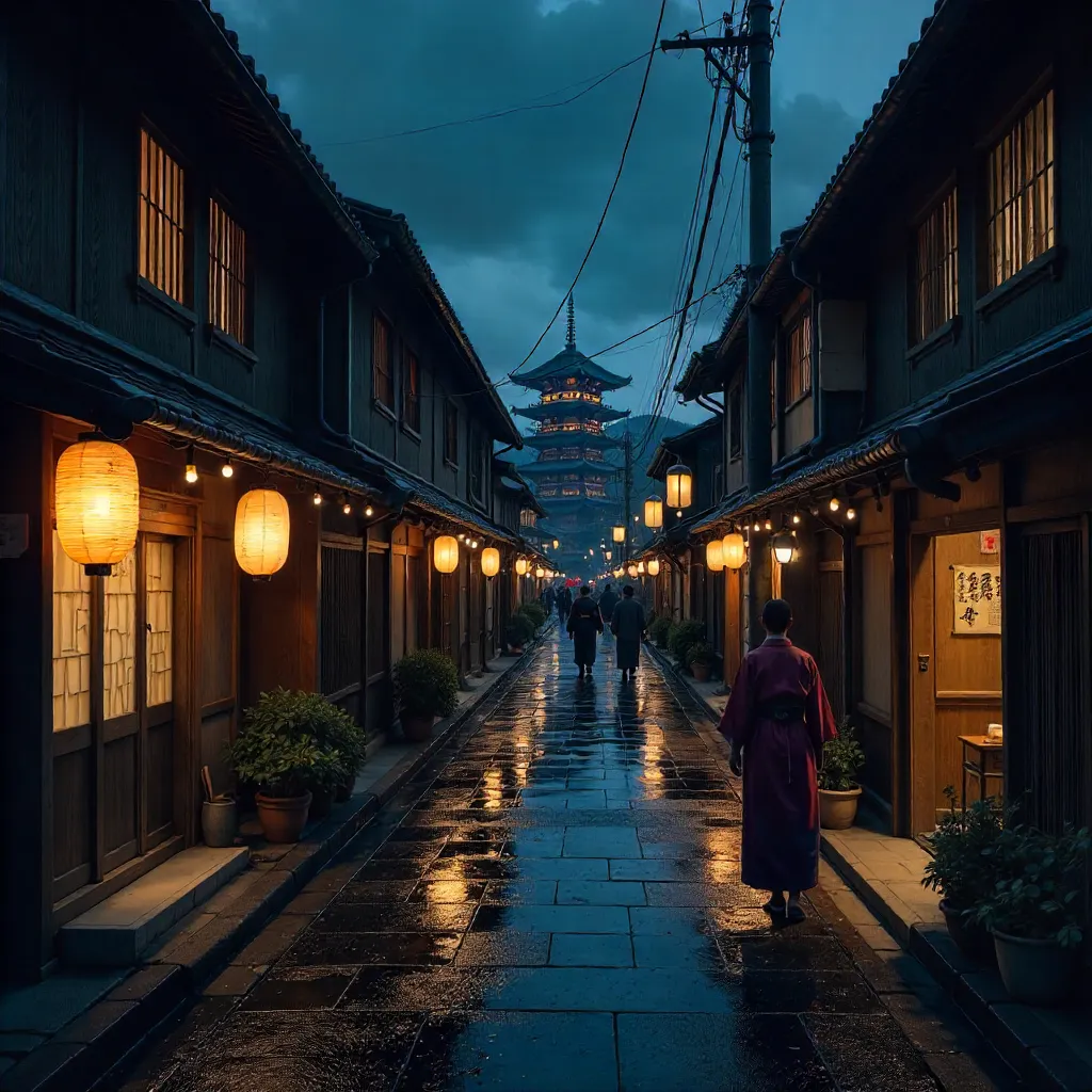 Lantern-Lit Night on a Traditional Japanese Street