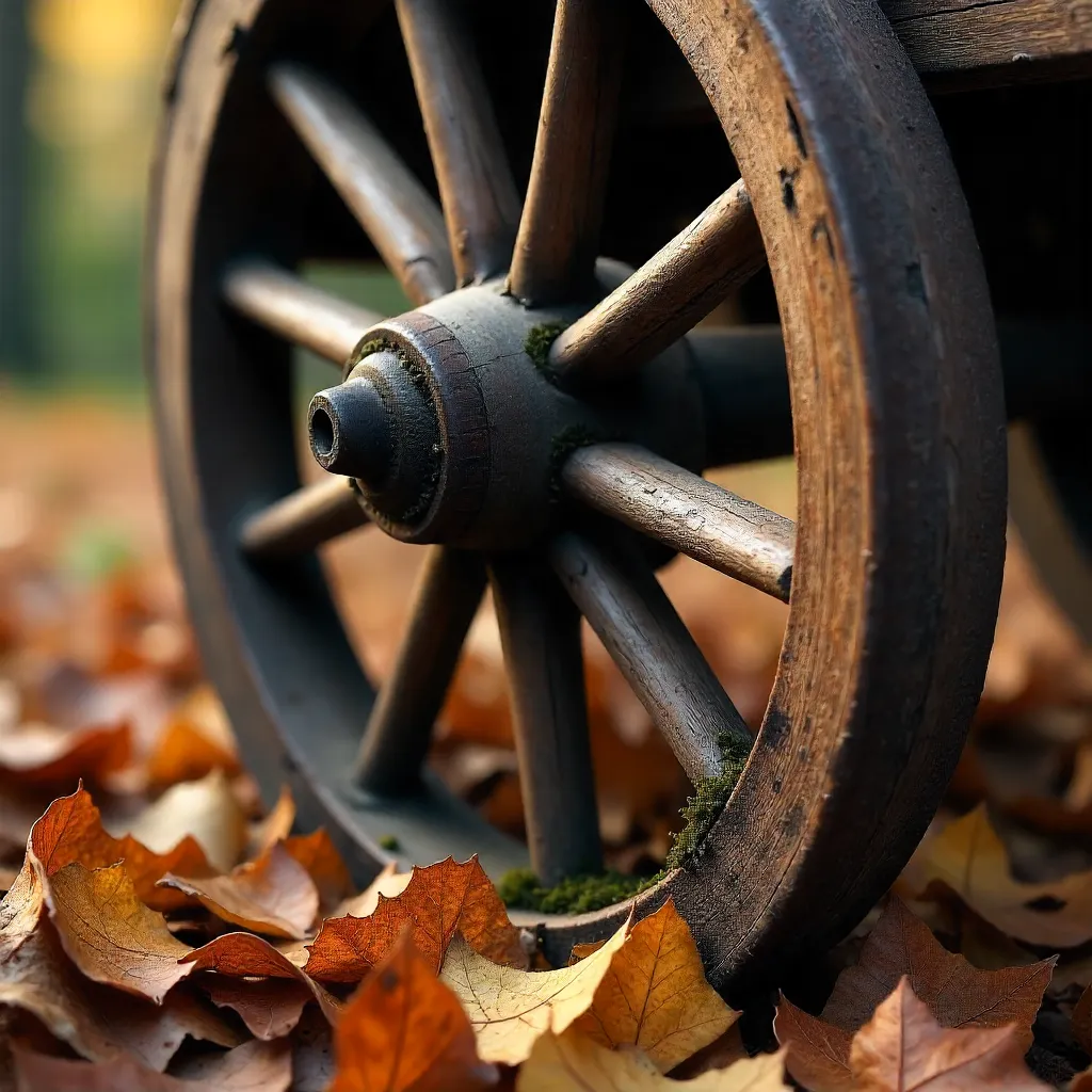 Close-Up Rustic Cart Wheel Amid Autumn Leaves