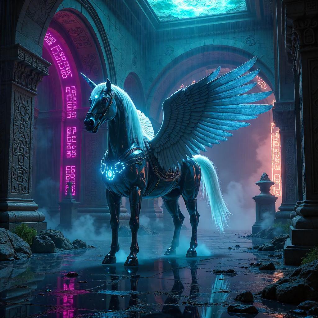 Cyberpunk Pegasus in a Neon Crypt