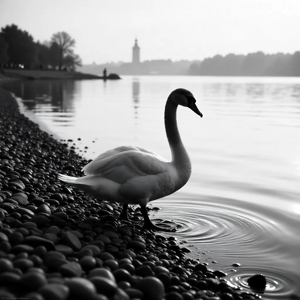 Swan on a Pebble Shore by Zagreb in Monochrome
