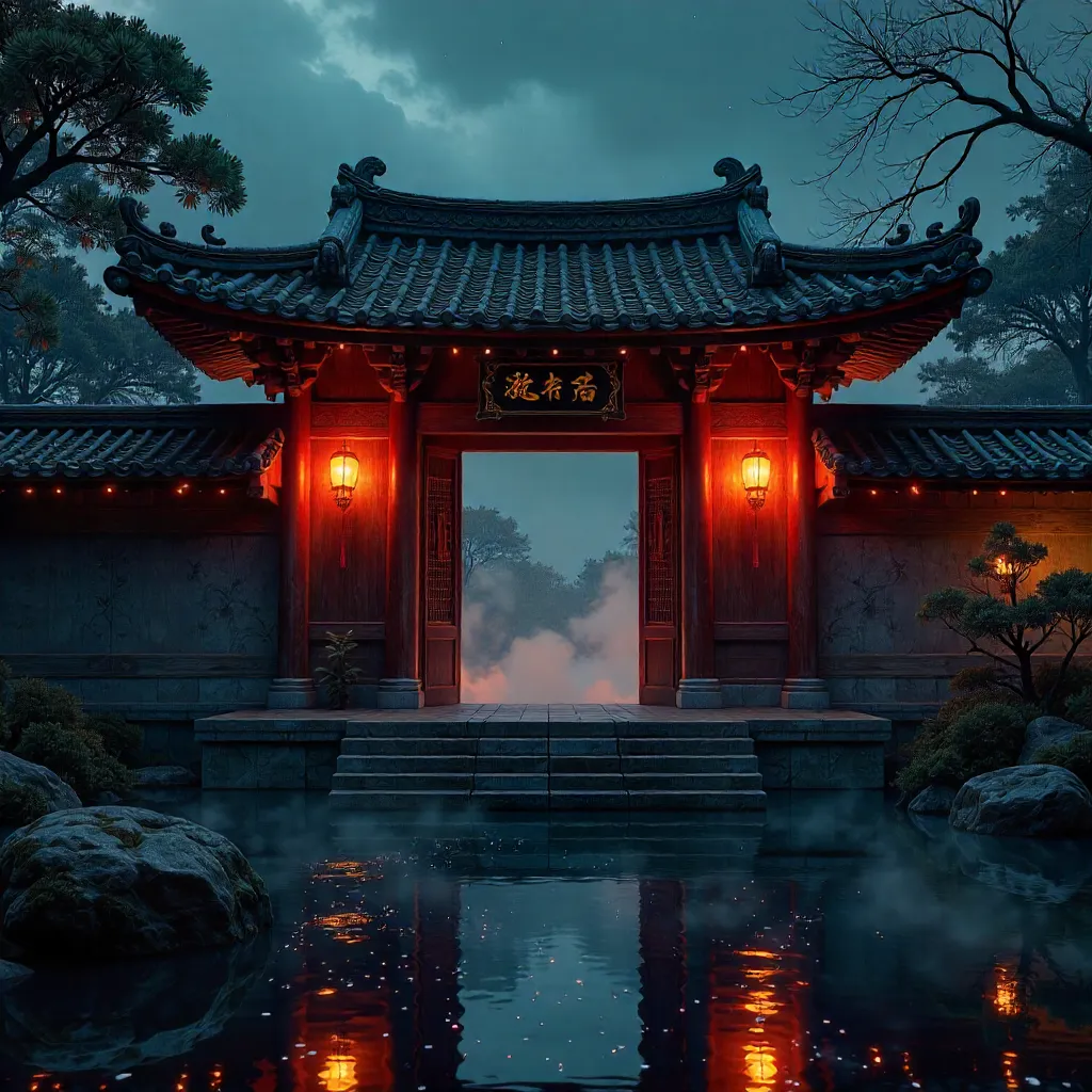 Lantern-lit Night Temple Entrance
