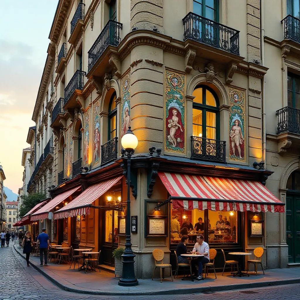 Historic Brasserie Facade Murals in a European City