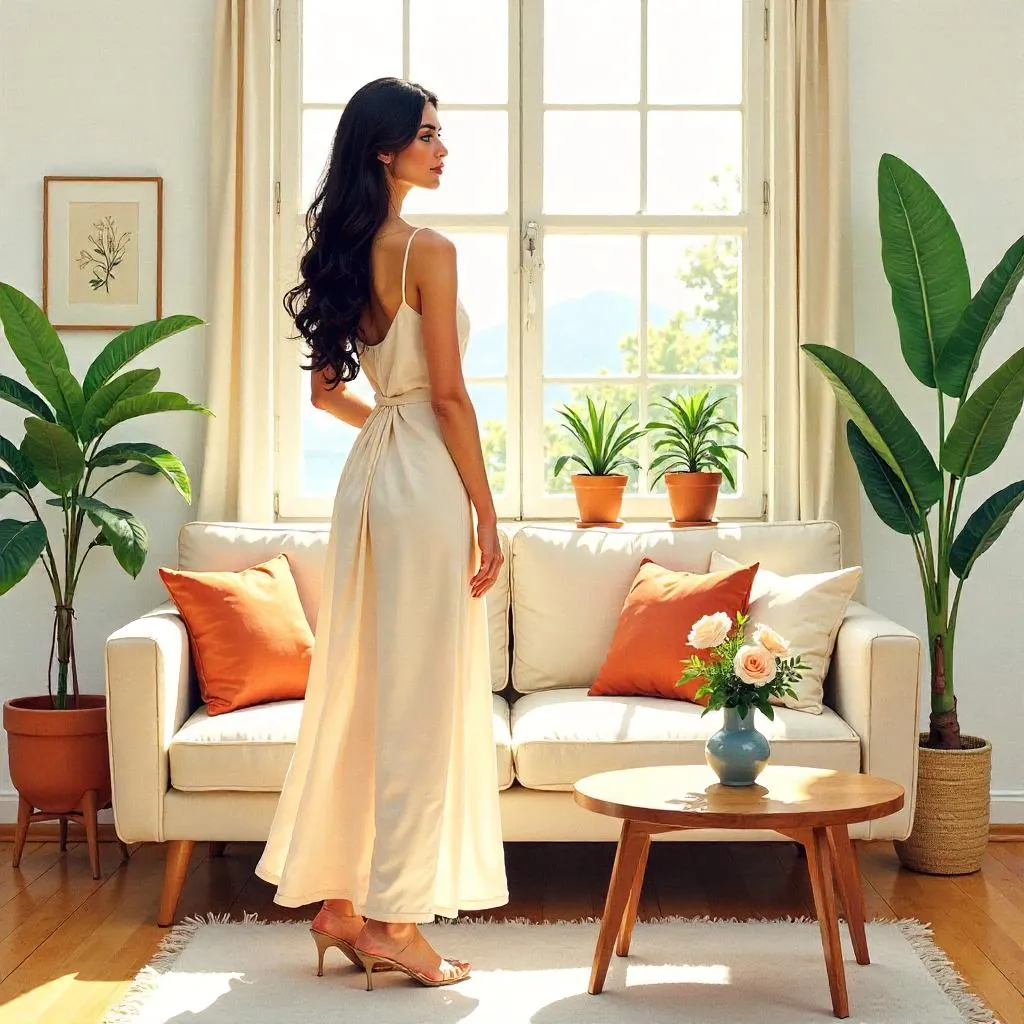 Elegant Latina in a Watercolor Living Room
